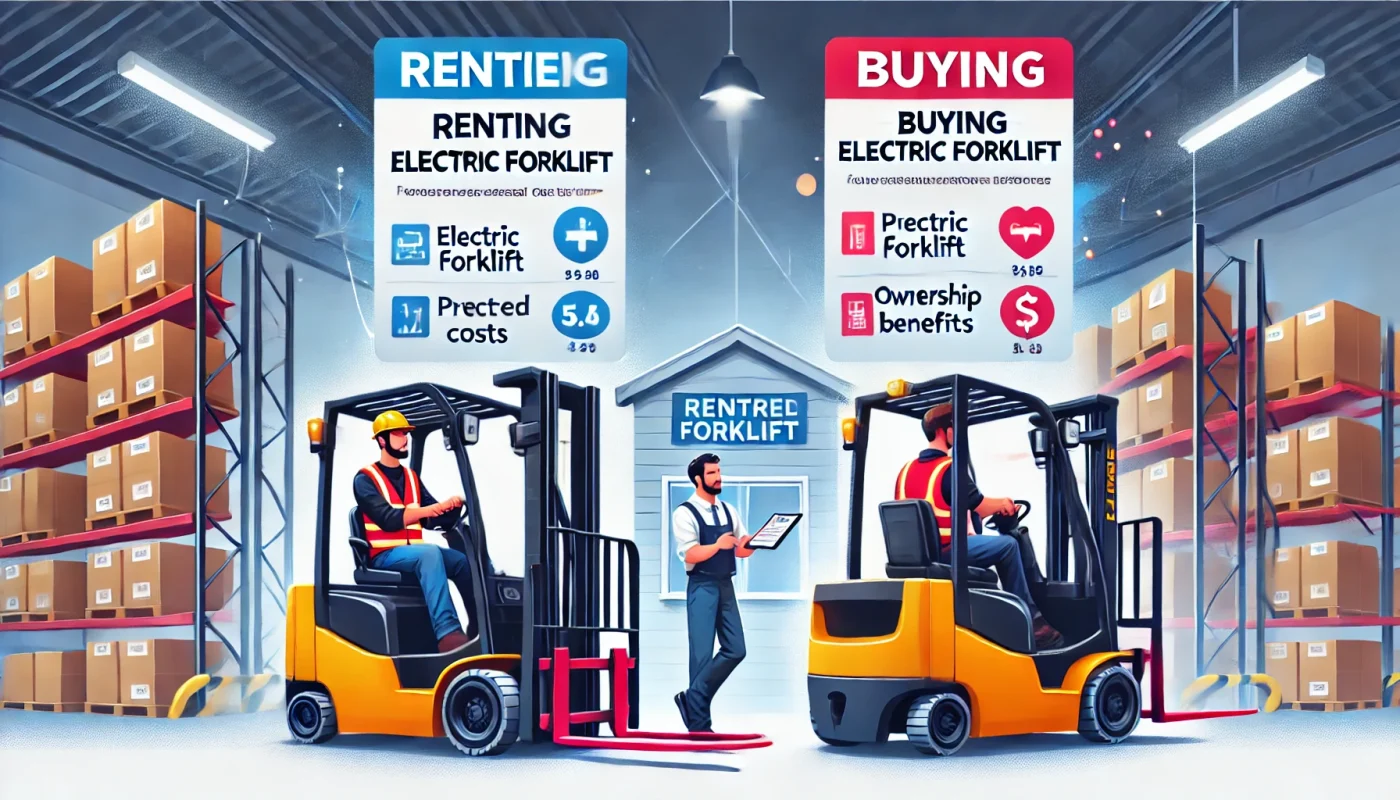 Hình ảnh xe nâng điện đang hoạt động trong kho hàng, minh họa cho bài viết về việc mua hay thuê xe nâng điện.