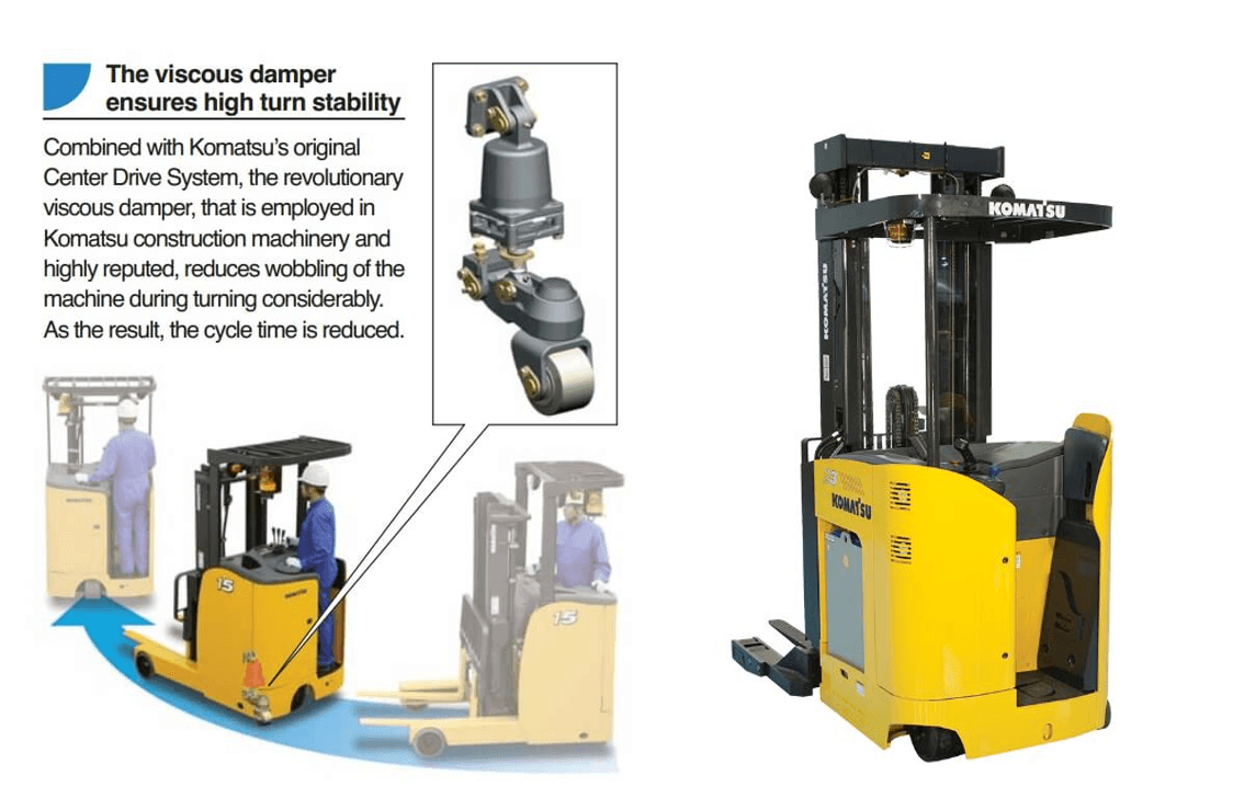 Xe nâng điện Komatsu được trang bị hệ thống treo giảm chấn hiện đại, giúp tăng độ ổn định, giảm rung lắc và nâng cao hiệu suất vận hành.