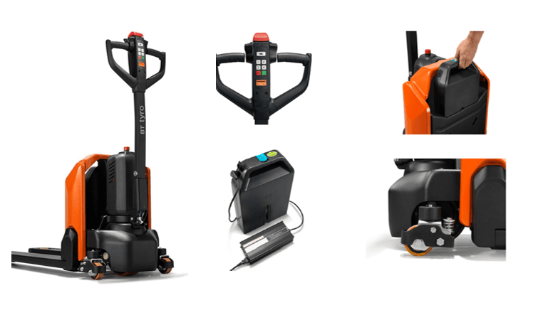 Hình ảnh xe nâng tay điện BT Tyro LHE150 tại kho hàng, thể hiện sự nhỏ gọn và linh hoạt của thiết bị.