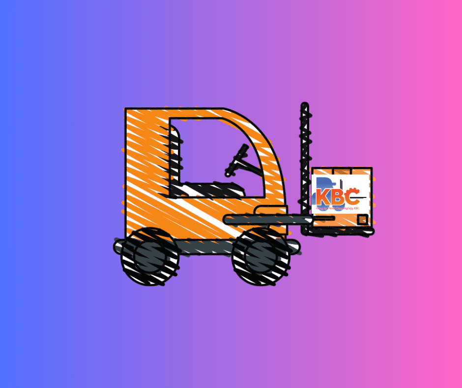 Ảnh xe nâng điện hoạt động trong nhà kho sáng, sạch, nhân viên mặc đồng phục, logo KBC, mô tả pin Lithium và không khí thải sạch.