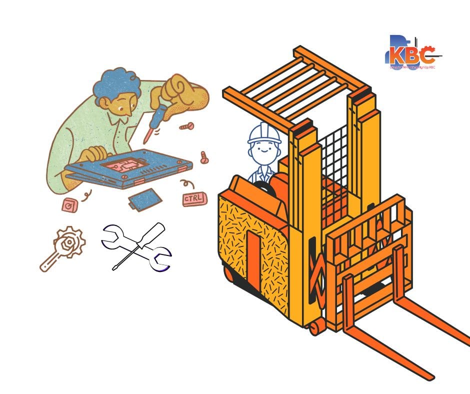 Kỹ thuật viên kiểm tra động cơ và hệ thống thủy lực của xe nâng Nhật đã qua sử dụng