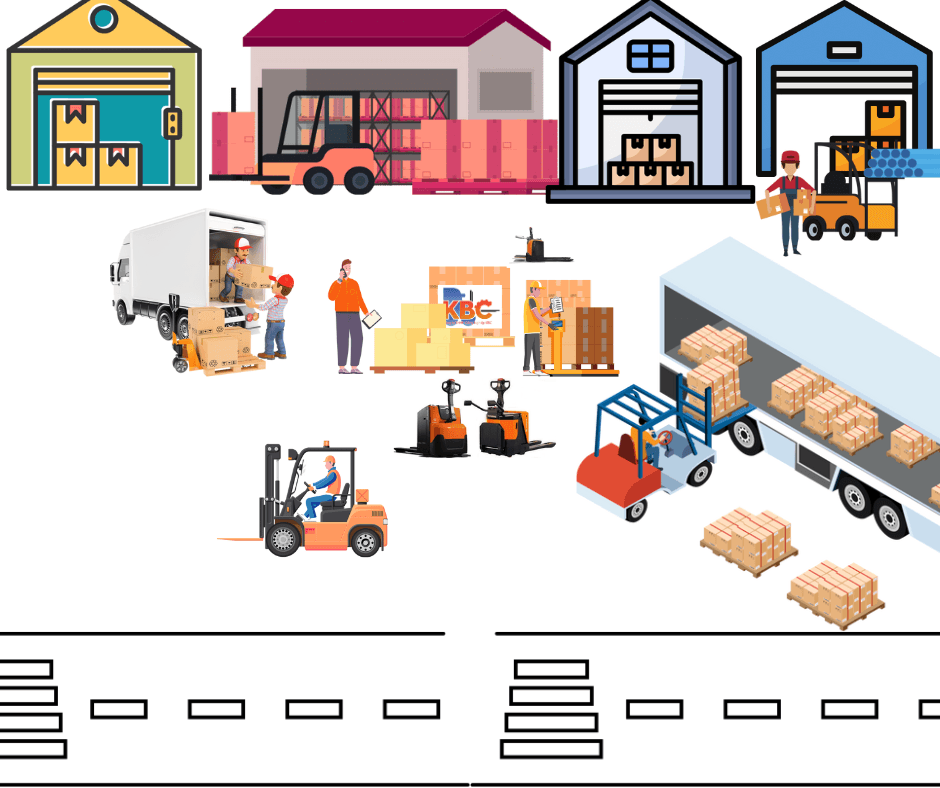 e nâng Toyota cũ hoạt động tại nhà máy trong KCN Đồng Văn hoặc KCN Khánh Phú, nền là container và nhân viên đang vận hành, có logo KBC rõ ràng.