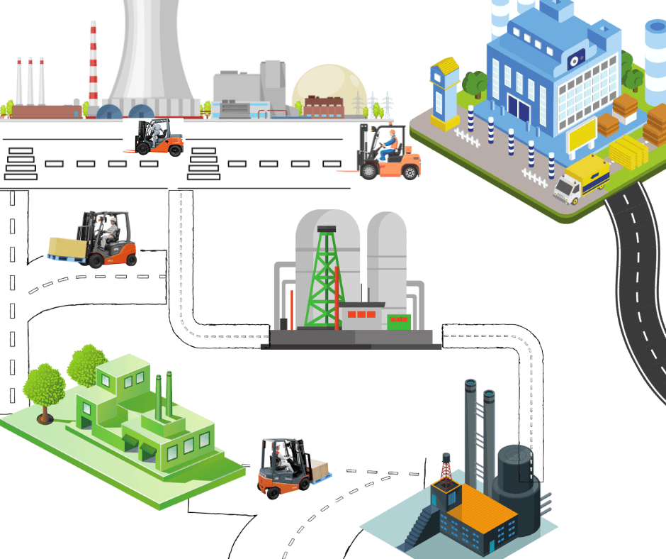 Xe nâng Toyota cũ đang hoạt động trong nhà máy tại KCN Quế Võ hoặc KCN Quang Châu, nền là kho hàng hoặc container, có logo KBC nổi bật.