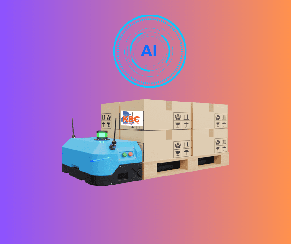 Hình ảnh xe nâng tự hành hoạt động trong kho hiện đại, kèm sơ đồ AI, cảm biến, radar và bảng điều khiển thông minh.